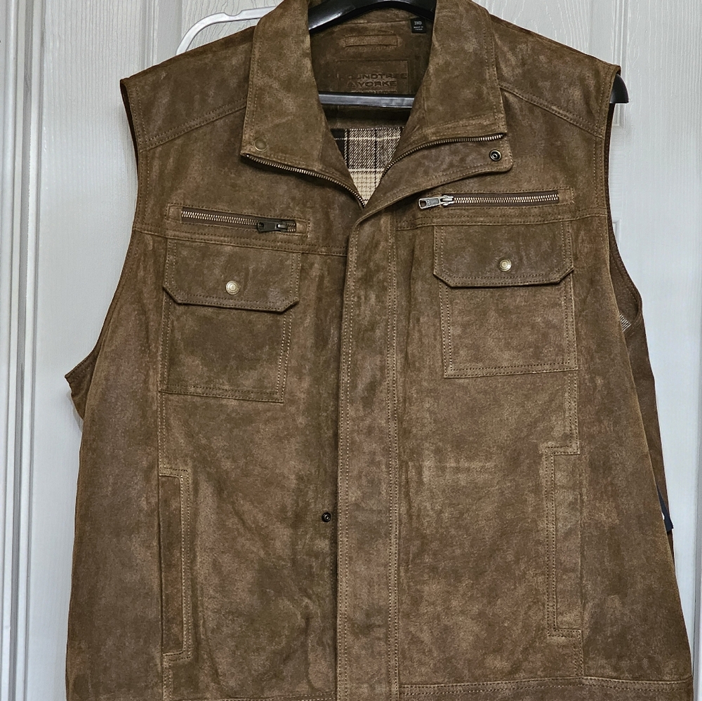 NWT Roundtree & Yorke Suede Leather Vest Men’s 3XB Full Zip Snap Brown $350